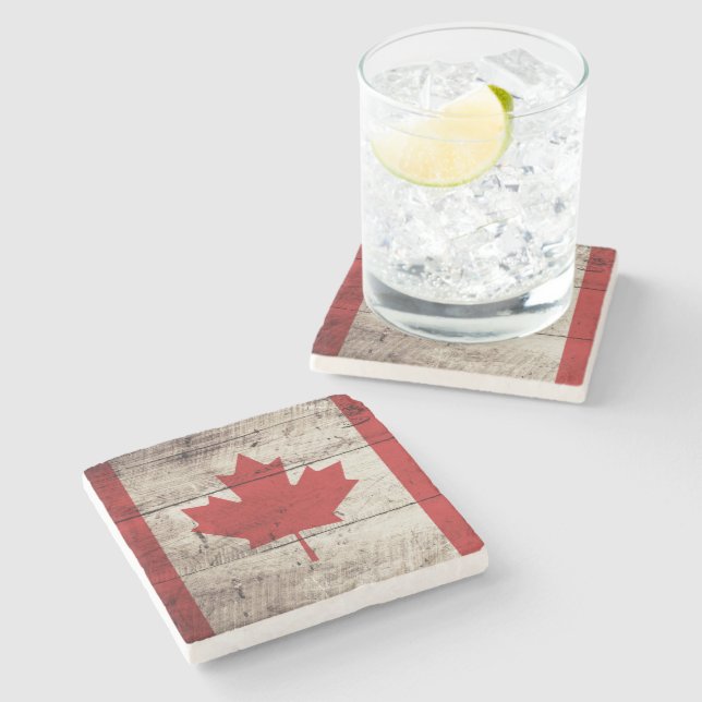 Dessous-de-verre En Pierre Drapeau du Canada sur le vieux grain en bois (Côté)
