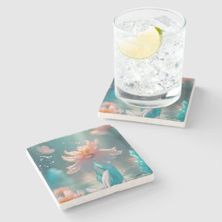 Dessous-de-verre En Pierre Dreamy Pink Lotus and Butterfly in Aqua Water