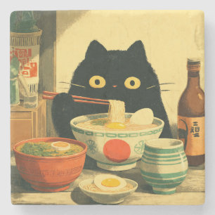 Dessous-de-verre En Pierre Drôle chat noir manger Ramen