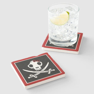 Dessous-de-verre En Pierre Drôle Noir Blanc Jolly Kitty Pirate Os crâne