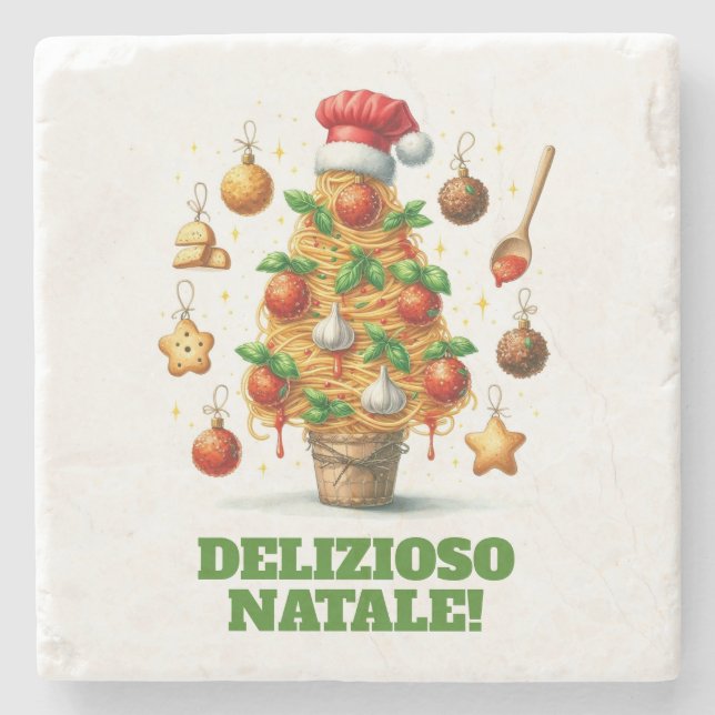 Dessous-de-verre En Pierre Drôle Spaghetti Arbre de Noël Delizioso Natale! (Devant)