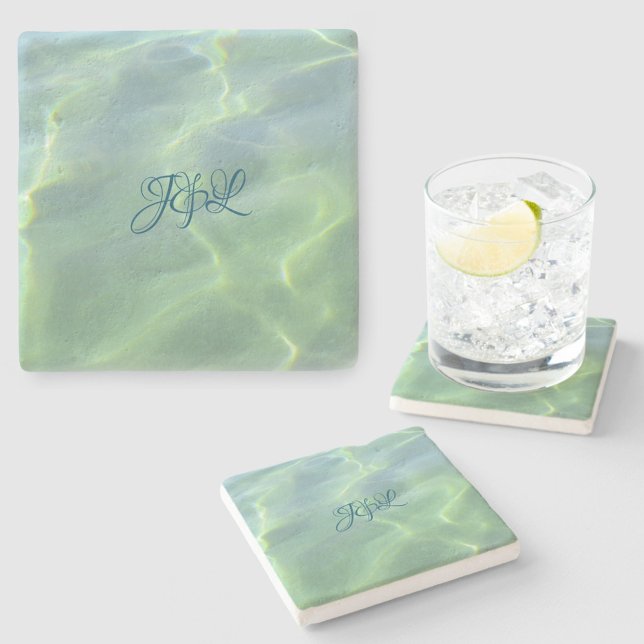 Dessous-de-verre En Pierre Eau tropicale aquamarine avec Initiales (Créateur téléchargé)