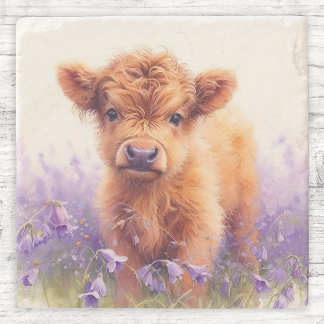 Dessous-de-verre En Pierre Écossais Highland Vache Calf Violet Fleurs sauvage (Créateur téléchargé)