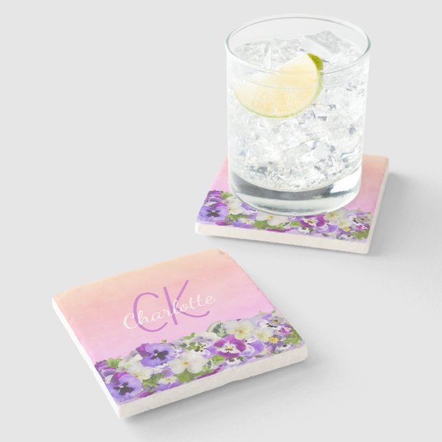 Dessous-de-verre En Pierre Écriture de nom floral violet rose vif (Côté)