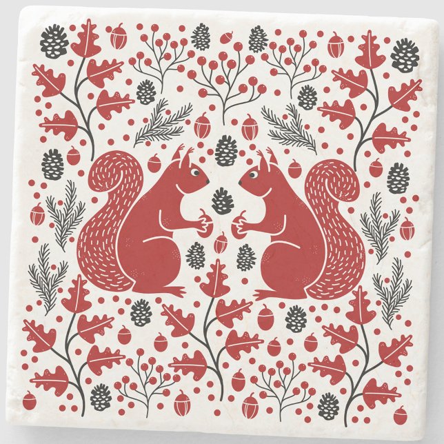 Dessous-de-verre En Pierre Écureuils dans l'art forestier (Squirrel in the Forest folk art woodland nature wildlife stone coaster)