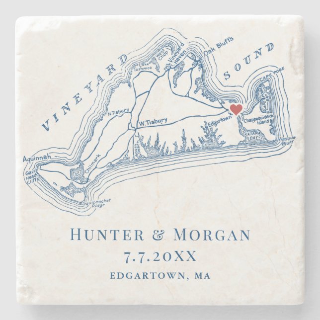 Dessous-de-verre En Pierre Edgartown MA Martha's Vineyard Blue Wedding Favor (Devant)