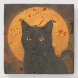 Dessous-de-verre En Pierre Élégance Sombre Halloween Chat Noir Moisson Lune