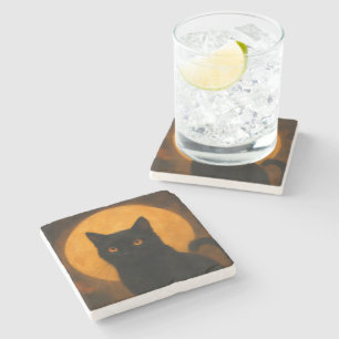 Dessous-de-verre En Pierre Élégance Surnaturelle Halloween Chat Noir Lune de 