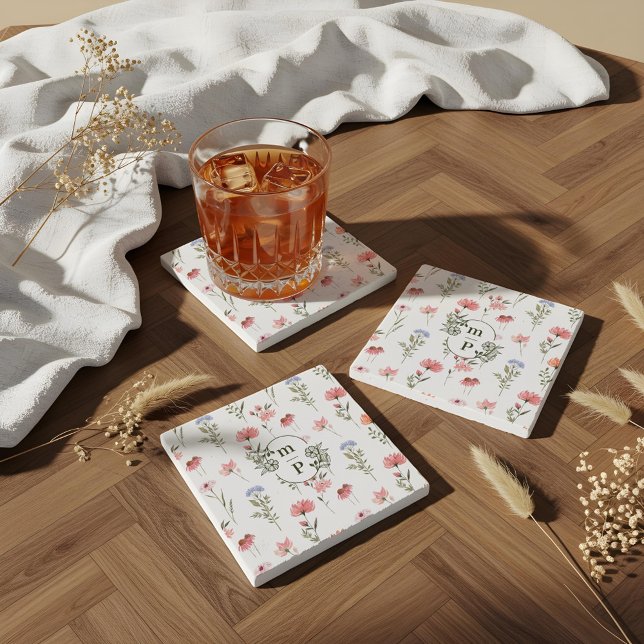 Dessous-de-verre En Pierre Élégant aquarelle Fleur sauvage floral Monogramme (Elegant Watercolor Floral Wildflower Monogram Stone Coaster)