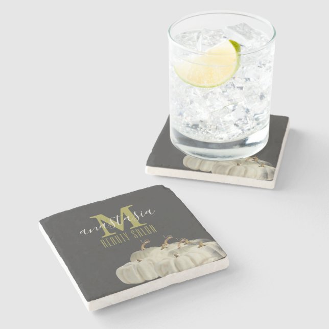 Dessous-de-verre En Pierre Elégant Automne Noir Blanc Citrouille Salon de bea (Côté)