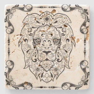 Dessous-de-verre En Pierre Elégant Black Floral Frame Lion Sugar Crâne 2