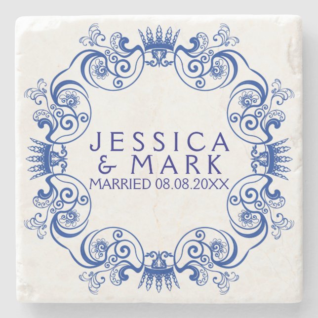 Dessous-de-verre En Pierre Elégant cadre floral bleu marine (Devant)