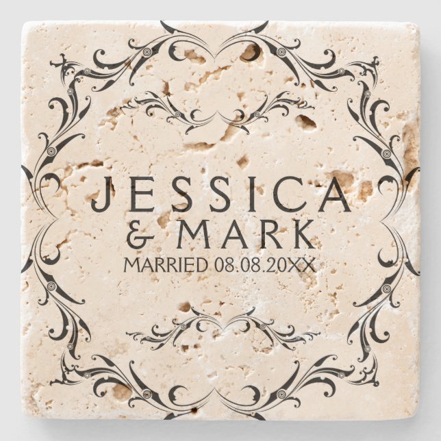 Dessous-de-verre En Pierre Elégant cadre floral noir (Devant)