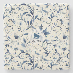 Dessous-de-verre En Pierre Élégant Feuilles Blue Paisley - Arrière - plan bla
