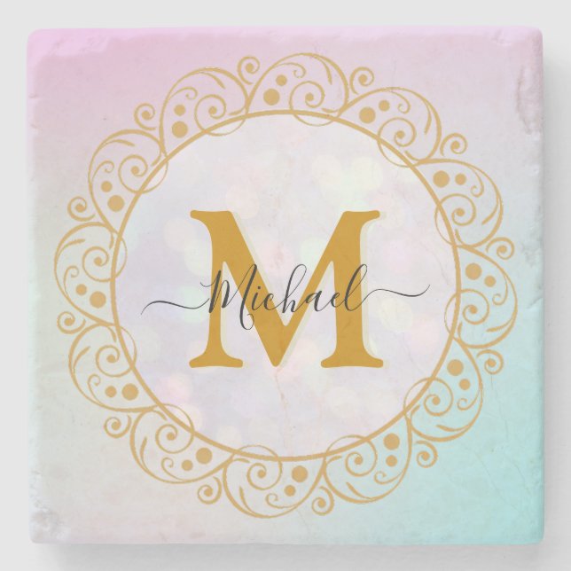 Dessous-de-verre En Pierre Elegant Gold Glitter Initial & Name (Devant)