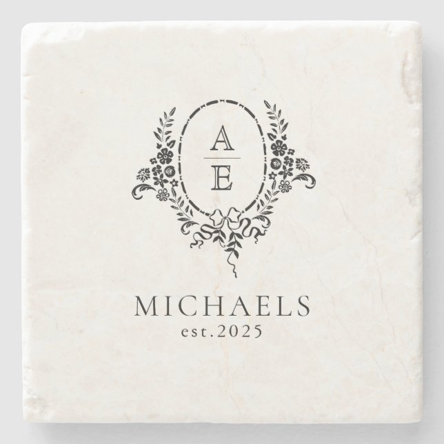 Dessous-de-verre En Pierre Élégant Mariage de monogramme floral noir et blanc (Devant)
