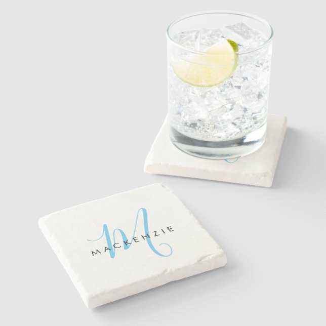 Dessous-de-verre En Pierre Élégant Moderne Ciel Blanc Bleu Monogramme Script (Côté)