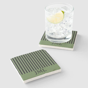 Dessous-de-verre En Pierre Élégant Monogramme à rayures noir et vert foncé