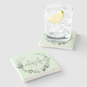 Dessous-de-verre En Pierre Élégant Monogramme Aquarelle Botanique Nom de fami