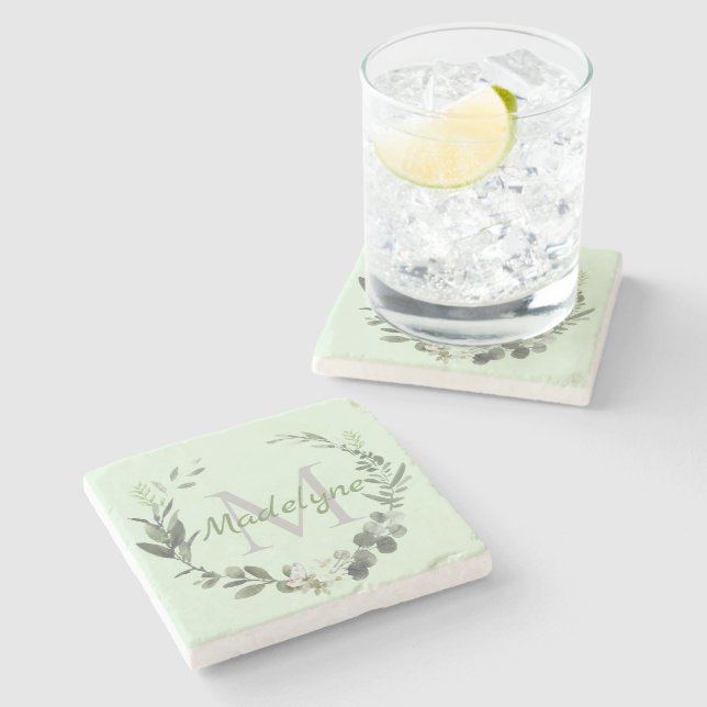 Dessous-de-verre En Pierre Élégant Monogramme Aquarelle Botanique Nom de fami (Côté)