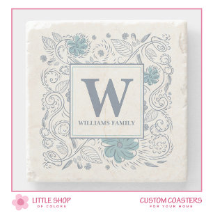 Dessous-de-verre En Pierre Élégant Monogramme Floral Gris Bleu