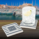 Dessous-de-verre En Pierre Élégant Monogramme Initiales Marine Bleu Bleu Blan<br><div class="desc">Élégant dessous de verre monogramme d'initiales personnalisées avec motif rayé bleu marine et blanc avec vos initiales. Conçu par Thisisnotme©</div>