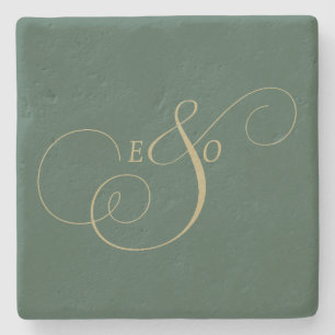 Dessous-de-verre En Pierre Élégant Monogramme Ivoire Mariage Brun Atténué