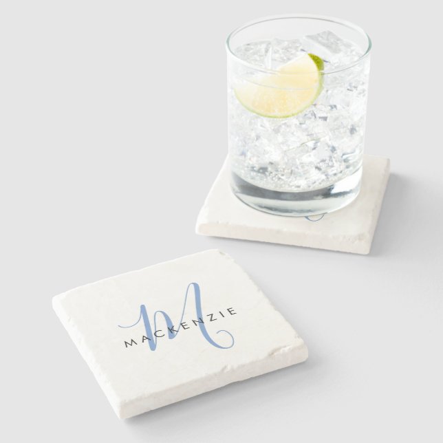 Dessous-de-verre En Pierre Élégant Monogramme moderne bleu blanc (Côté)