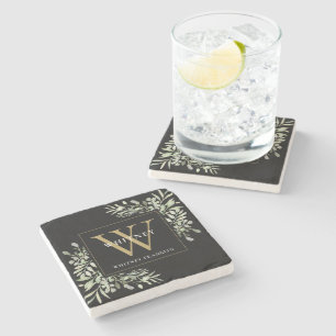 Dessous-de-verre En Pierre Élégant Monogramme Noir Or Eau Verte St