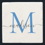 Dessous-de-verre En Pierre Élégant Monogramme Personnalisé Script Marine Bleu<br><div class="desc">Elégant Personnalisé Marine Bleu Monogramme Nom du script Dessous de verre en pierre élégant</div>