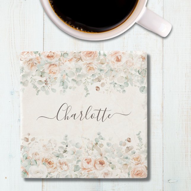 Dessous-de-verre En Pierre Élégant Monogramme Rustique Rose Floral Verdure (In situ)