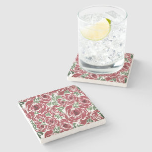 Dessous-de-verre En Pierre Elégant Motif Rose Vintage - Rouge & Vert Floral