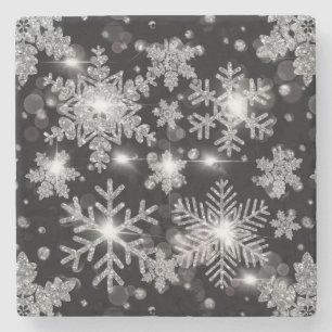 Dessous-de-verre En Pierre Élégant Noël noir blanc argent flocons de neige