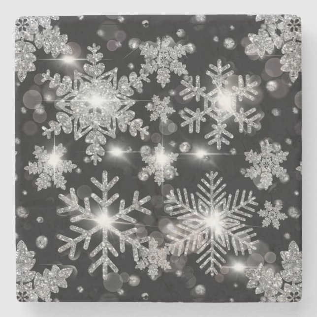 Dessous-de-verre En Pierre Élégant Noël noir blanc argent flocons de neige (Devant)
