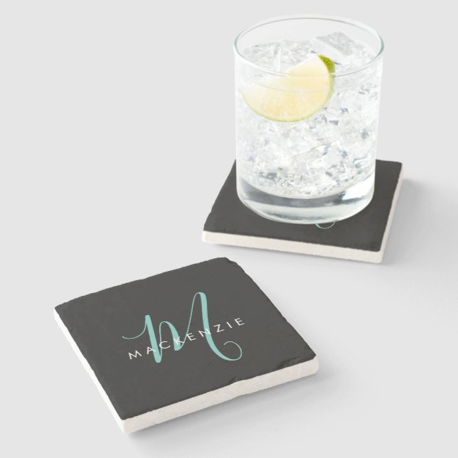 Dessous-de-verre En Pierre Élégant Noir Turquoise Script Monogramme moderne (Côté)
