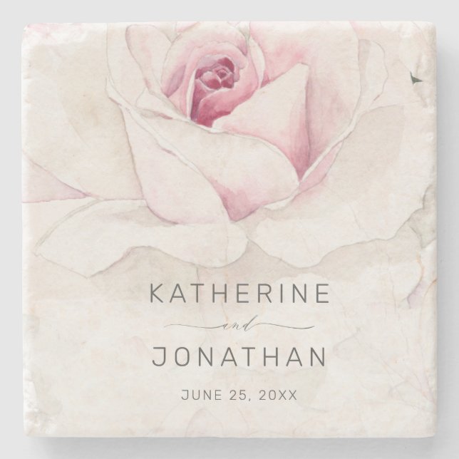 Dessous-de-verre En Pierre Elégant rose rose Aquarelle Floral Script Mariage (Devant)