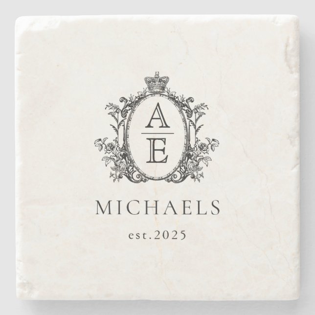 Dessous-de-verre En Pierre Élégant, Royal Crest Monogramme noir et blanc (Devant)