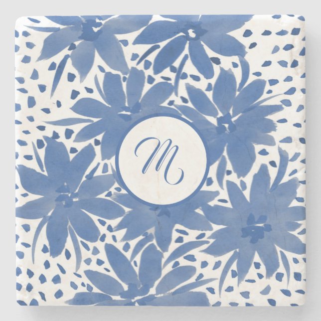 Dessous-de-verre En Pierre Elégante aquarelle bleu floral monogramme (Devant)