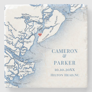 Dessous-de-verre En Pierre Élégante carte de l'île Hilton Head couleur bleu m
