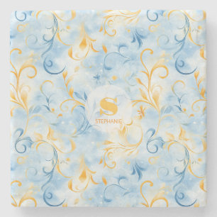 Dessous-de-verre En Pierre Elégante feuille bleu et or inspirée de la taille