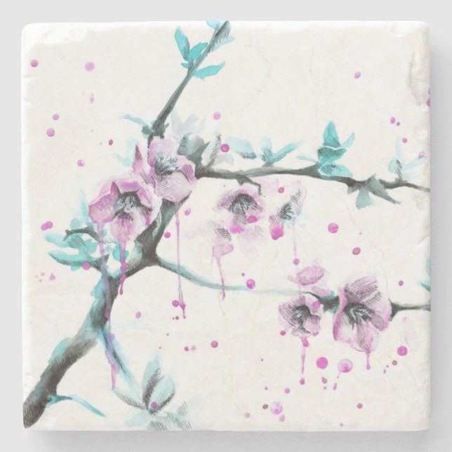 Dessous-de-verre En Pierre Elégante fleur de printemps Pink floral aquarelle  (Devant)