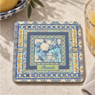 Dessous-de-verre En Pierre Élégante note de carreau floral bleu en chinoiseri