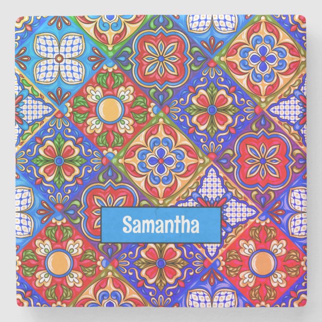 Dessous-de-verre En Pierre Elégante talavera mexicaine carrelage bleu violet  (Devant)