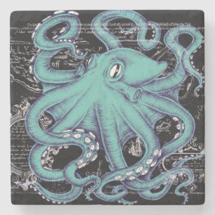 Dessous-de-verre En Pierre Encre de carte vintage Turquoise Octopus