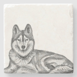 Dessous-de-verre En Pierre Encre noire et blanche et aquarelle Husky sibérien