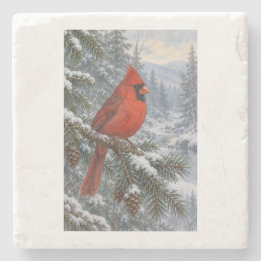 Dessous-de-verre En Pierre Épinette enneigée avec un cardinal rouge vif