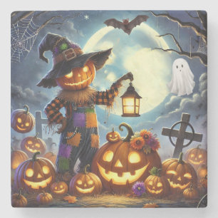 Dessous-de-verre En Pierre Épouvantail et citrouilles d'Halloween mignons et