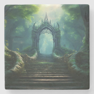 Dessous-de-verre En Pierre Escaliers vers la porte antique dans la forêt ench