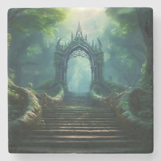 Dessous-de-verre En Pierre Escaliers vers la porte antique dans la forêt ench