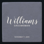 Dessous-de-verre En Pierre Étudiant moderne bleu marine Personnalisé<br><div class="desc">Script moderne Marine Bleu Dessous de verre de Groomsmen personnalisé avec nom de marionnettiste personnalisé en calligraphie moderne style de police avec titre et date mariage dans le style de police sans serif moderne sur arrière - plan bleu marine. Aussi parfait pour Père de la Mariée, Meilleur homme et plus....</div>